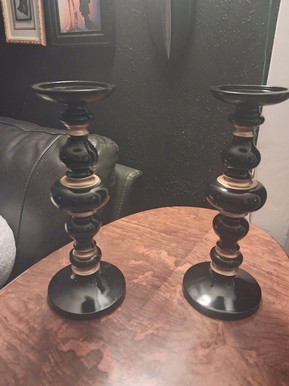 Black & Gold Vintage Style Spindle Pillar Candle Holders, Pair